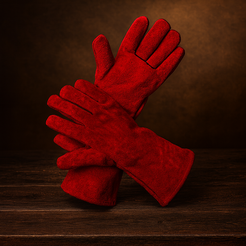 Рукавички краги червоні зі шкіри для зварювання та важких робіт, прошиті вогнетривкою ниткою