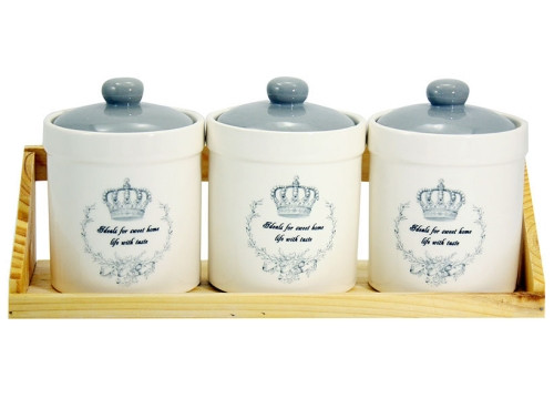 Набор банок для сыпучих на деревьях'яной подставке 500мл Корона, фото 1