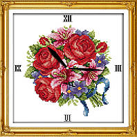 Часы Букет розы и лилии G046 Набір для вишивання хрестиком з печаттю на тканині 11ст код G 046