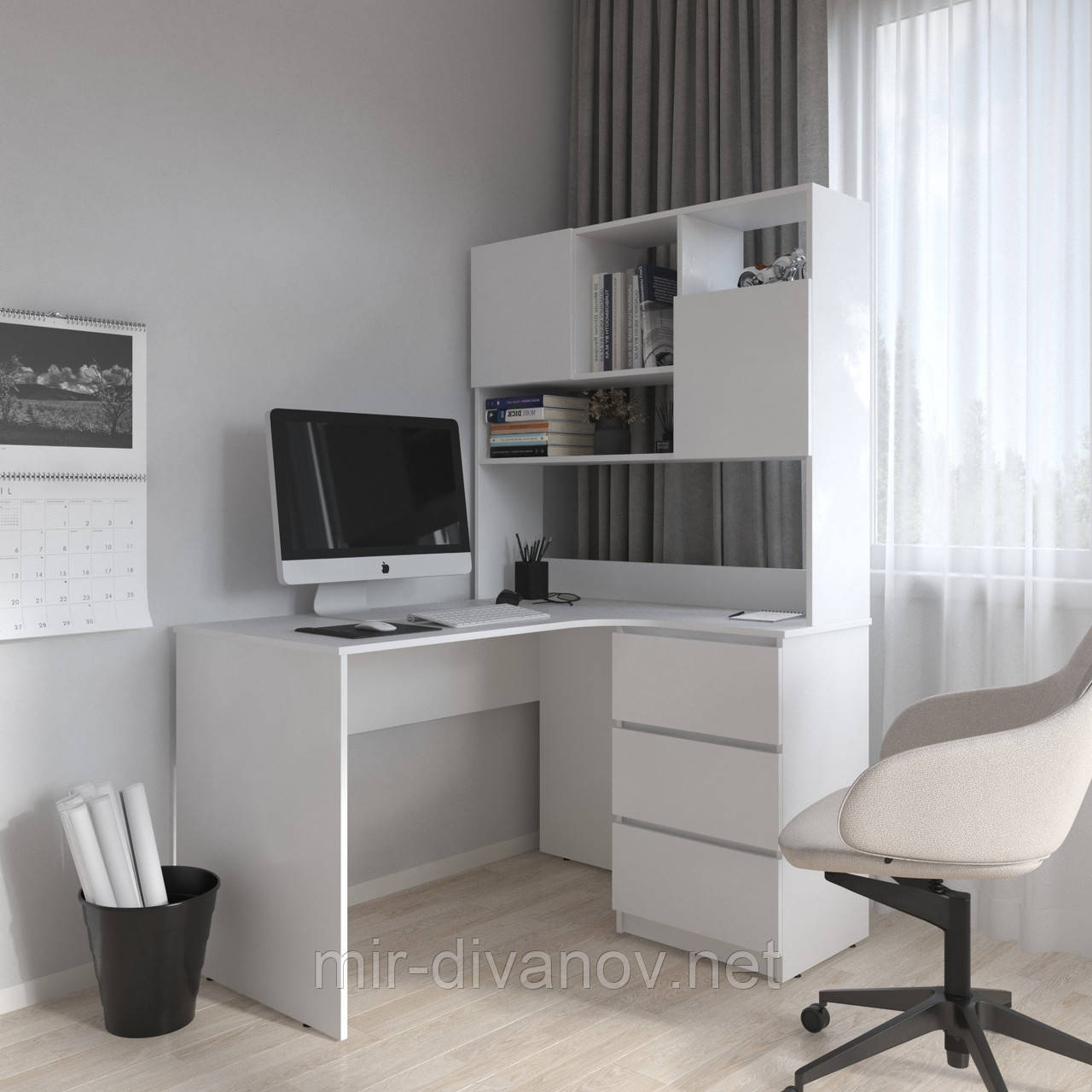 Кутовий стіл з надбудовою та 3 ящиками Елвін Білий (тумба зправа), фото 1