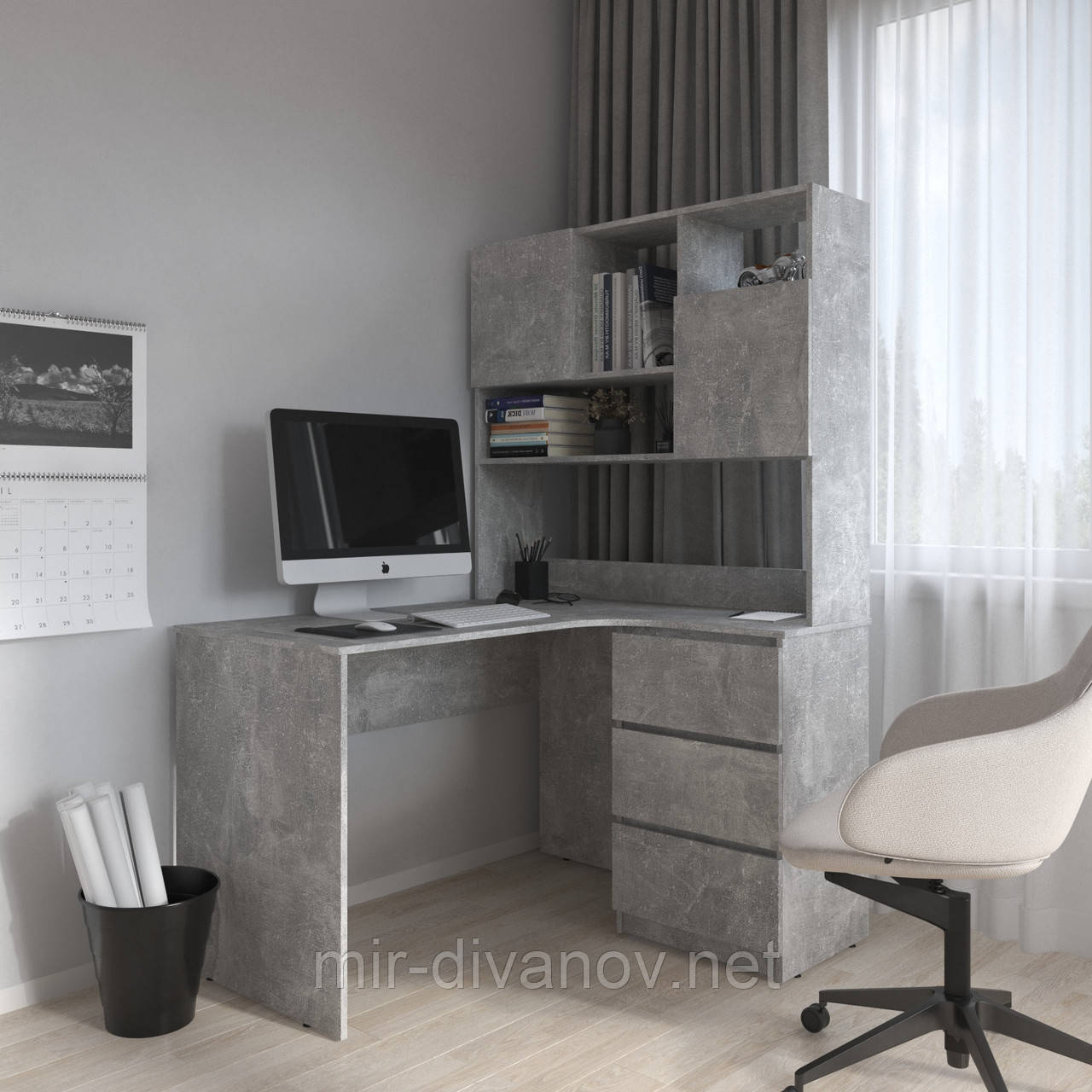 Кутовий стіл з надбудовою та 3 ящиками Елвін бетон (тумба зправа), фото 1