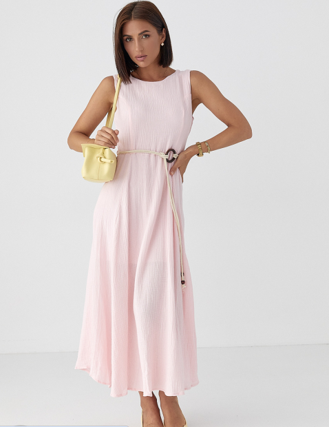 Літня довга жіноча сукня муслін без рукавів з поясом рожева ошатна сукня розмір S, фото 1