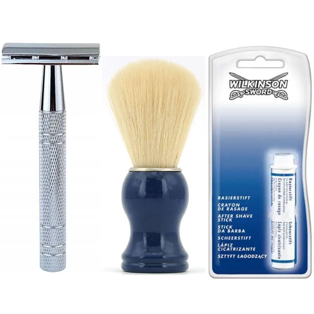 Класична Т-подібна бритва+10 лез + помазок SHIMA з ворсом борсука синій + кровоспинний олівець Wilkinson Sword After Shave Stick, фото 1