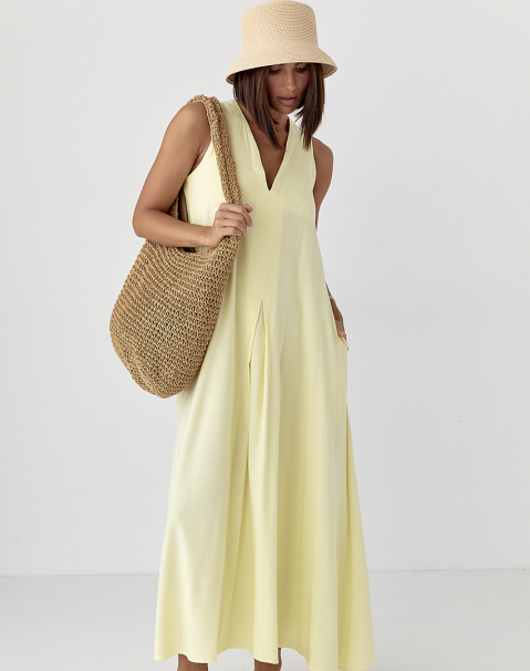 Вільна літня жіноча сукня міді з V- образним вирізом лимонне розмір М, фото 1