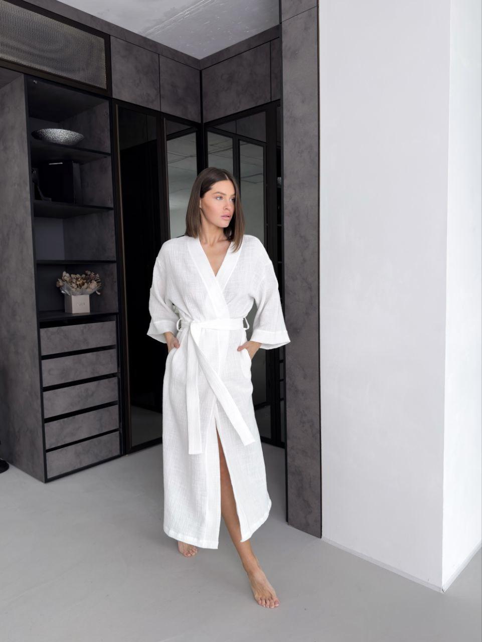 Жіночий мусліновий халат кімоно довгий — натуральна тканина для дому та спа., фото 1
