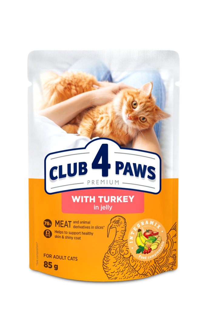 Акція! Вологий корм для кішок Club 4 Paws Premium Клуб 4 лапи з індичкою в желе 85 гр х 24 шт, фото 1