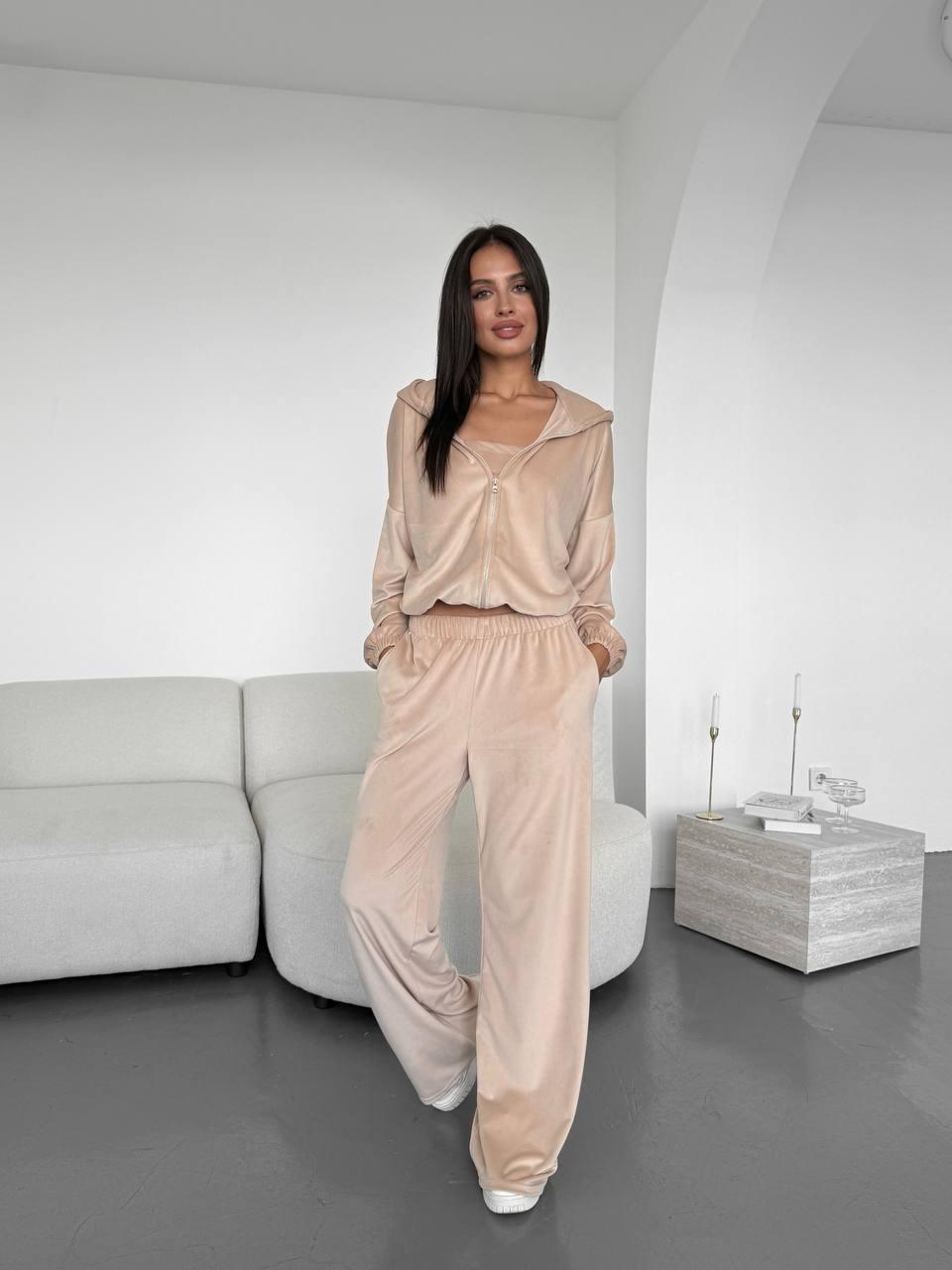 Велюровий жіночий костюм спортивний БЕЖЕВИЙ 3в1 ШТАНЫ+ТОП+КОФТА на молнії 002, фото 1