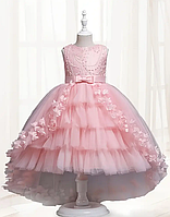Дитяча вечірня сукня без рукавів з квітковим візерунком, бантом і перлинами на зріст 120,140,150 см рожева