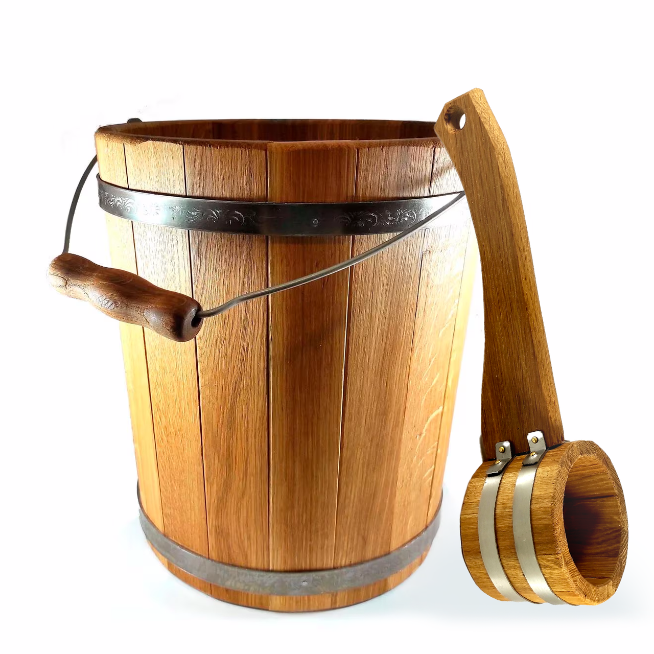 Відро Дубове Запарник Для Віників 10 л + Черпак Ківш, Дерев'яна Шайка для Бані Сауни, фото 1