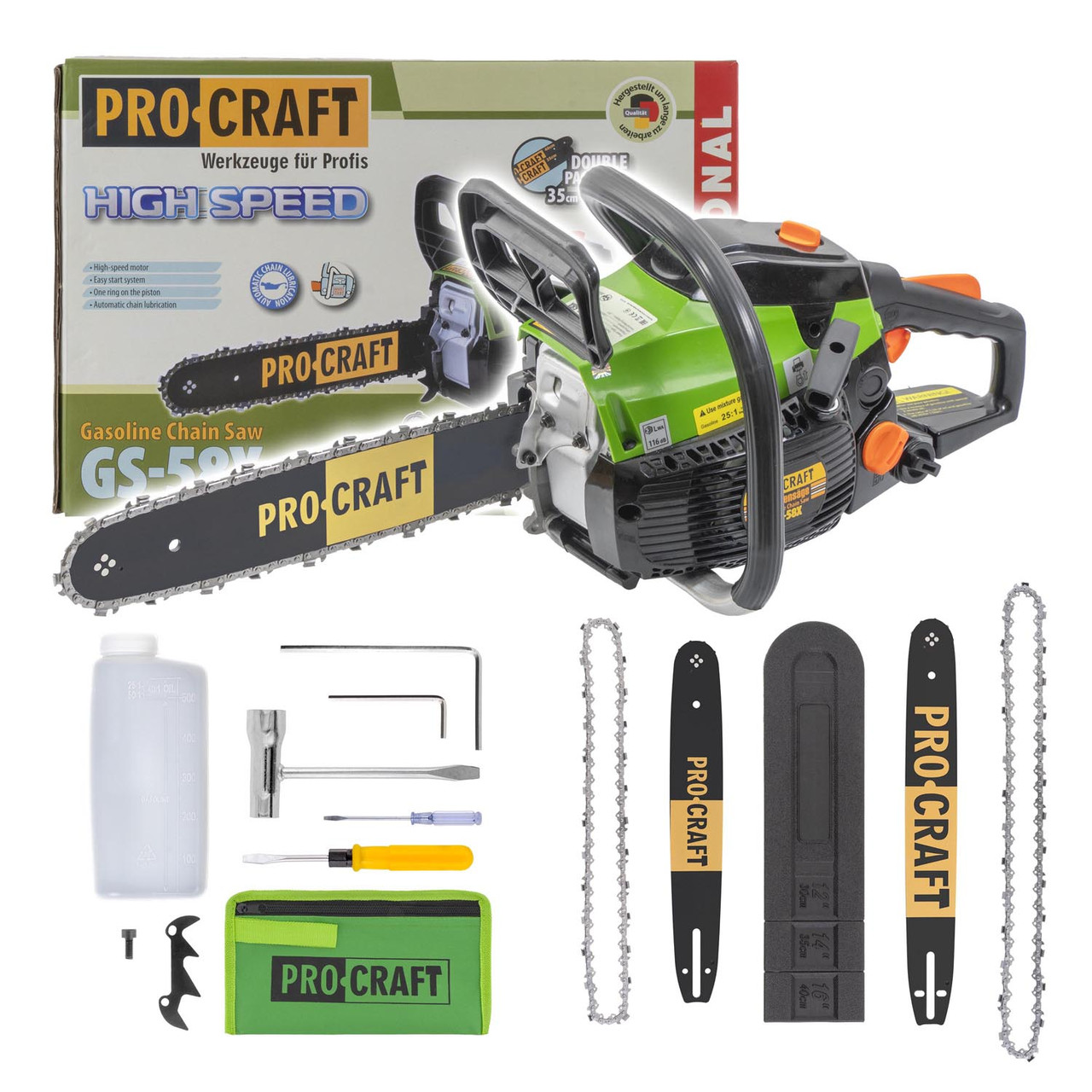 Бензопила (1.4 кВт, шина+ланцюг 35 см, шина+ланцюг 40 см) Procraft GS-58X, фото 1