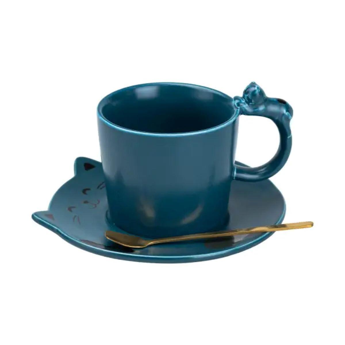 Чашка з блюдцем та ложкою порцелянова 250 мл Кошеня Синя HP7202BL, фото 1