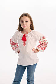 Біла вишиванка для дівчинки з червоним орнаментом із вишивкою птахів