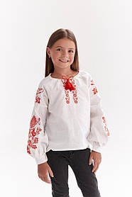 Стильна вишиванка для дівчинки з червоною вишивкою птахів