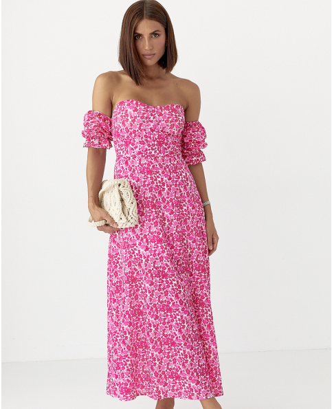Ошатне літнє жіноче плаття бюстьє з квітковим принтом рожева довге плаття з розрізом на нозі розмір М S, Нове, фото 1