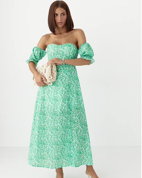 Ошатне літнє жіноче плаття бюстьє з квітковим принтом зелене довге плаття з розрізом на нозі розмір Л, фото 1