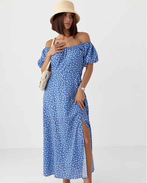 Літня квіткова жіноча сукня з рукавами ліхтариками синя довга сукня з розрізом розмір М, фото 1