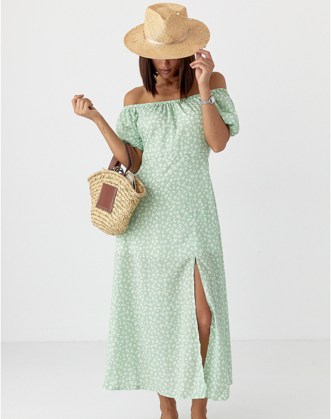 Літня квіткова жіноча сукня з рукавами ліхтариками салатова довга сукня з розрізом розмір М S, Нове, фото 1