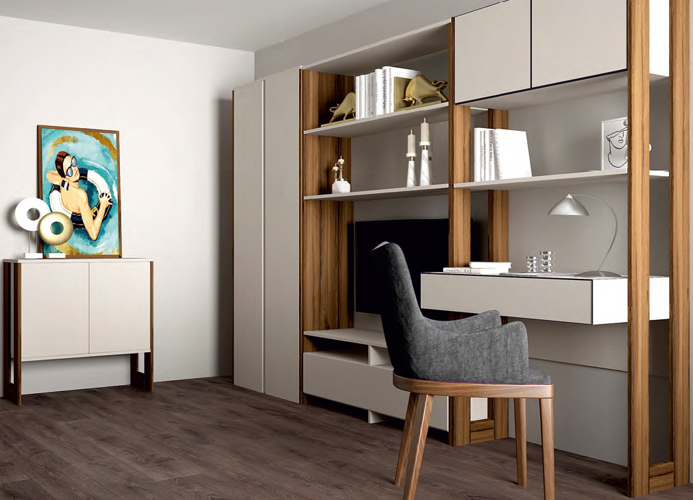 Стильна модульна біла стінка з вбудованим комп'ютерним столом з нішею під телевізор у вітальню Нобу Ліон