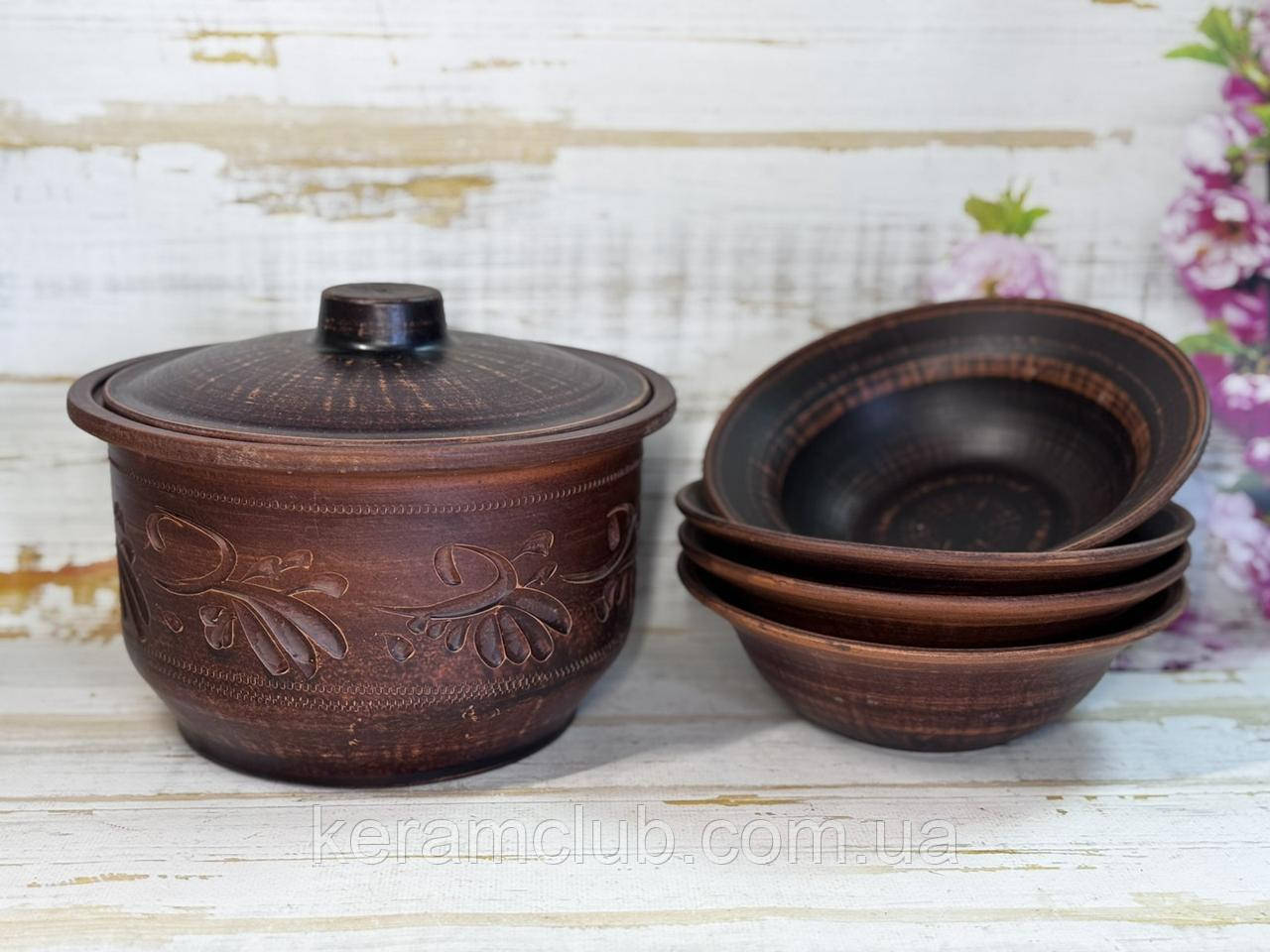 Набір глиняна каструля 3 л та 4 миски 600 мл