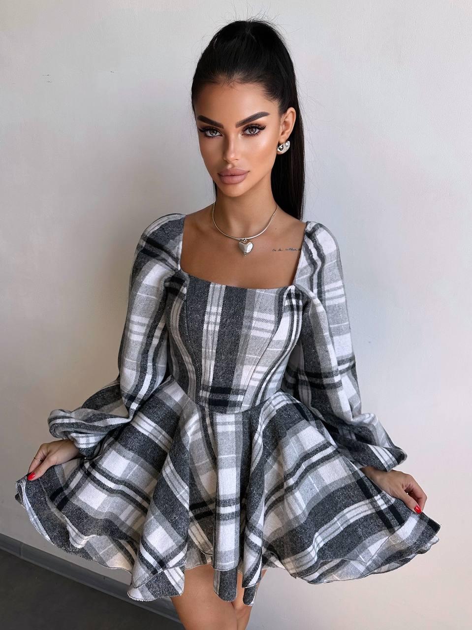 Жіноче корсетне картате плаття з подвійною спідницею та рукавами ліхтариками (р. S, M) 66036099Е, фото 1