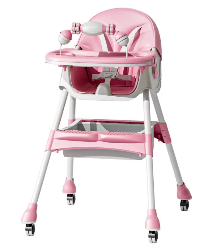 Дитячий стільчик з підносом для їжі F005 регульований і портативний Рожевий, фото 1