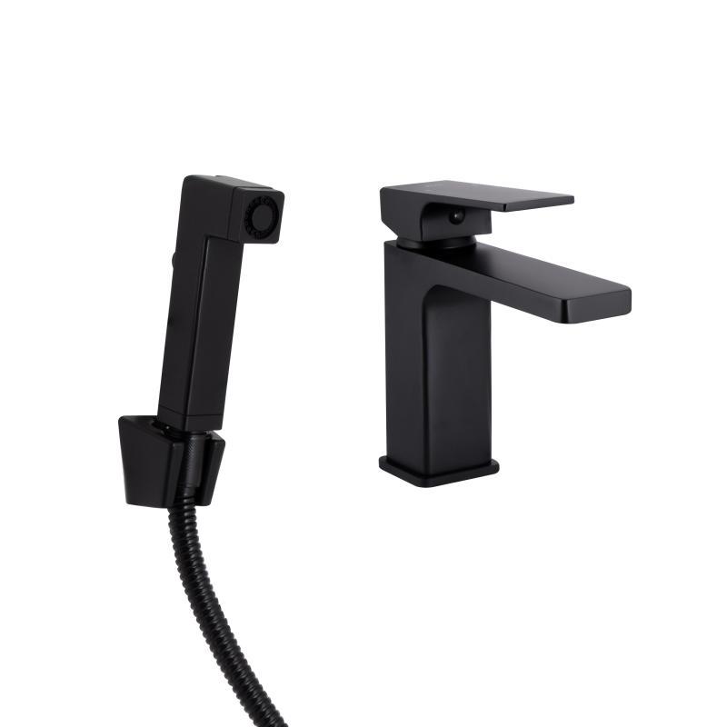 Змішувач для раковини, з гігієнічним душем Qtap Gemini QTGEM272BLM45690 (k35), одноважільний, Black Matt, фото 1