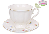 Чайний фарфоровий набір Пташка Флорал: 6 чашок 200мл, 6 блюдець, колір - білий з ніжно-зеленим та золотим обідком, фото 4