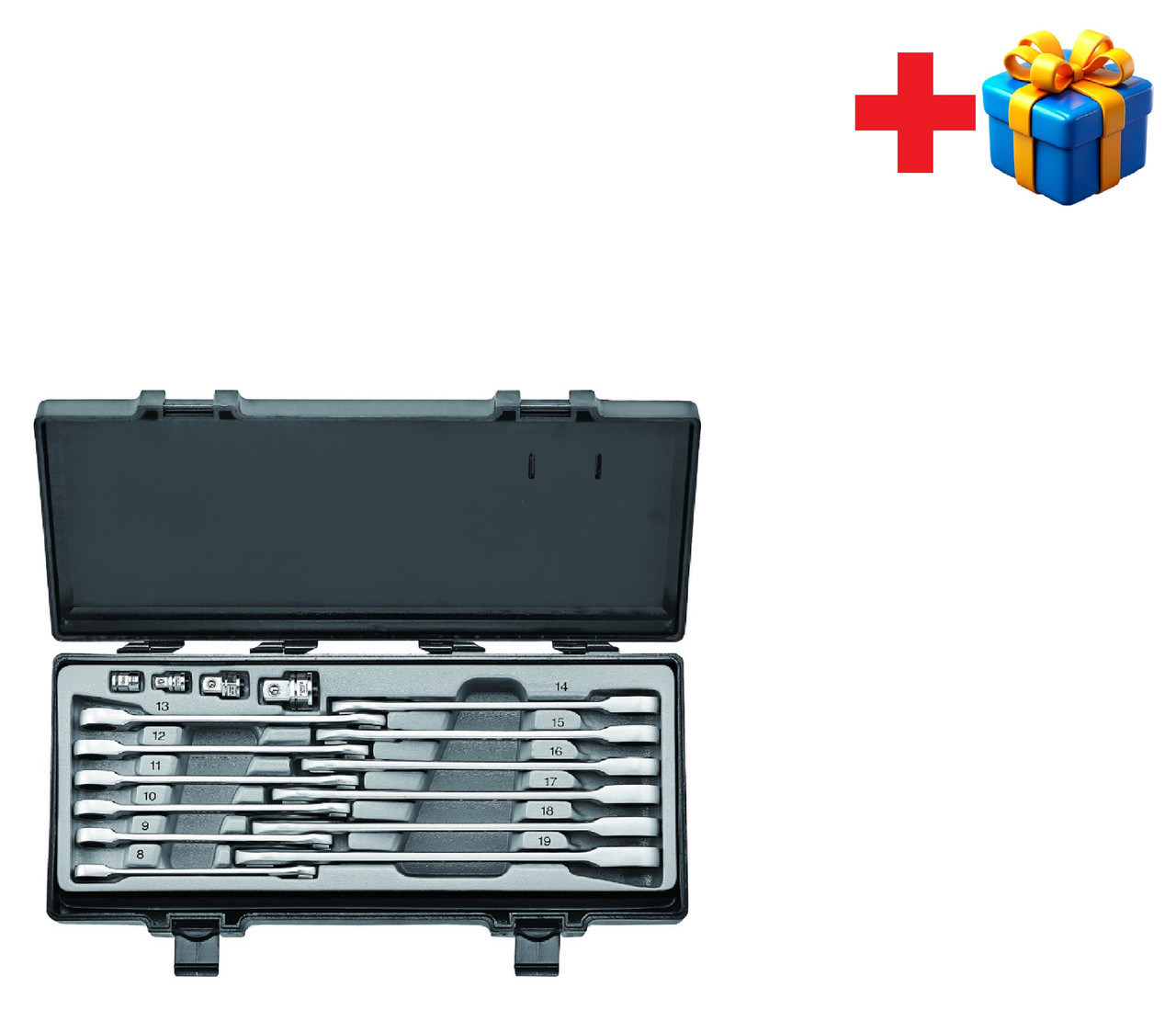 Набір ключів рожково-накидних трещоточных, прямих + адаптери 16 пр. (8-19 мм) FORCE 5164 F