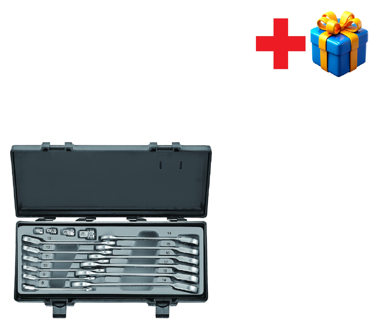 Набір ключів рожково-накидних з тріскачкою, відігнутих+адаптери 16 пр. (8-19 мм)5164R F