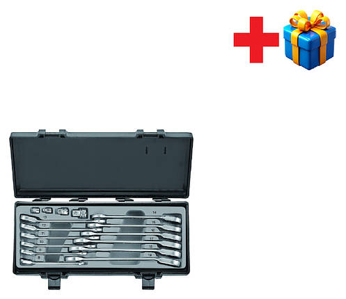 Набір ключів рожково-накидних з тріскачкою, відігнутих+адаптери 16 пр. (8-19 мм)5164R F, фото 1