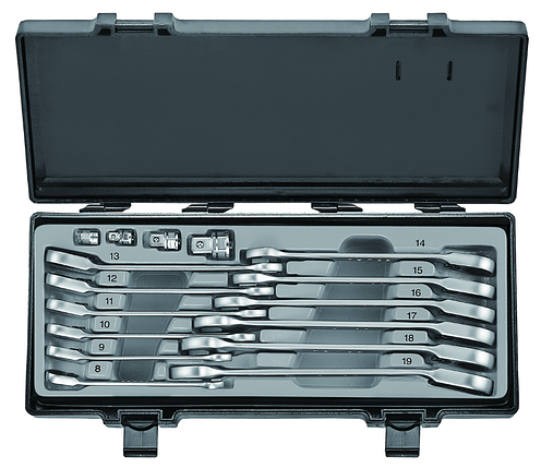 Набір ключів рожково-накидних з тріскачкою, відігнутих+адаптери 16 пр. (8-19 мм)5164R F, фото 2