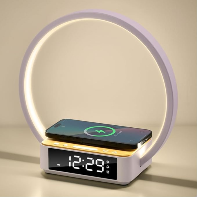 Настільна лампа Morwealth із сенсорним димером і будильником, нічник, 10 Вт бездротова зарядка, дисплей, біла