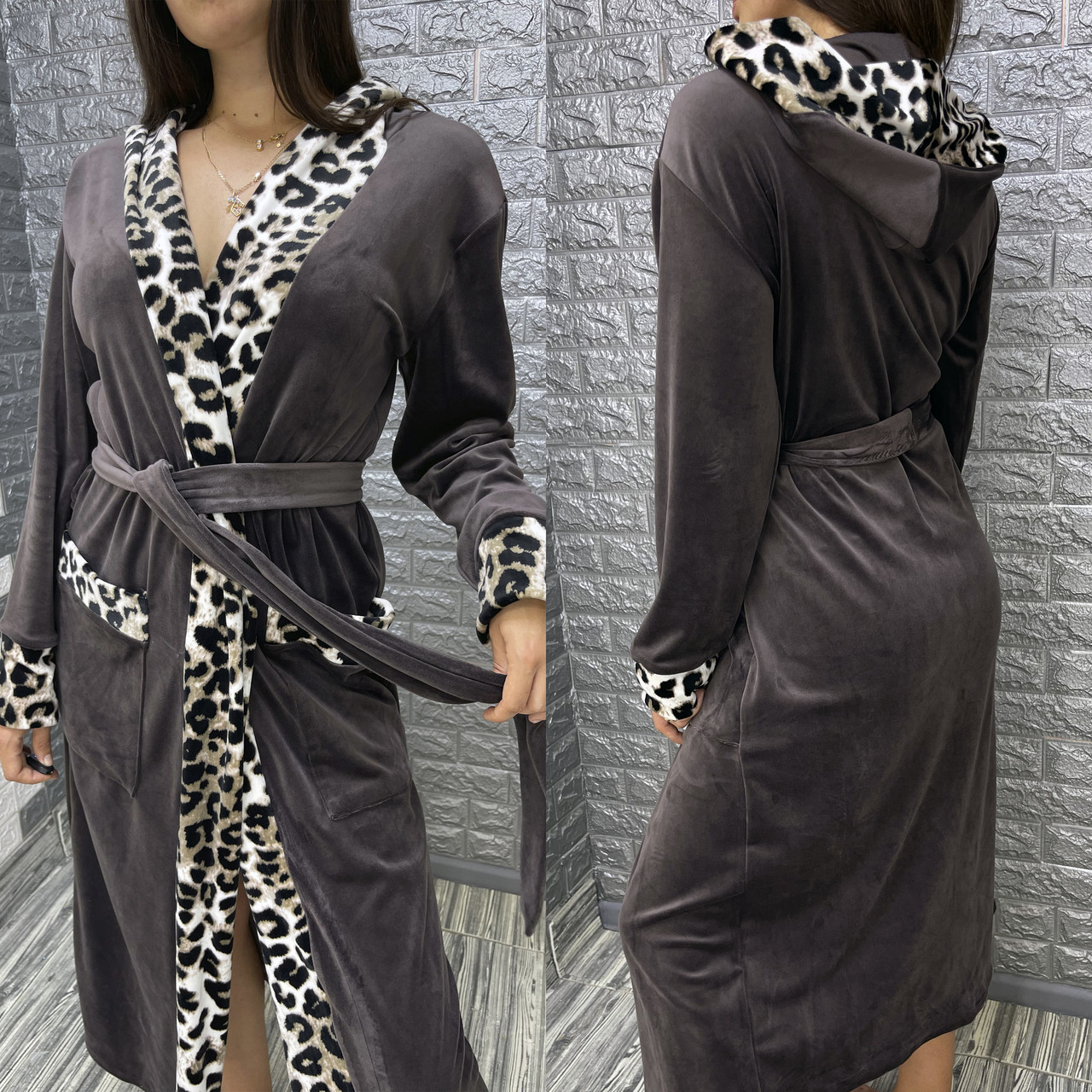 Велюровий жіночий халат з капюшоном та поясом., фото 1