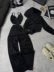 Жіночий велюровий костюм трійка м'який плюшевий велюр спорт кофта на блискавці топ штани на затяжці