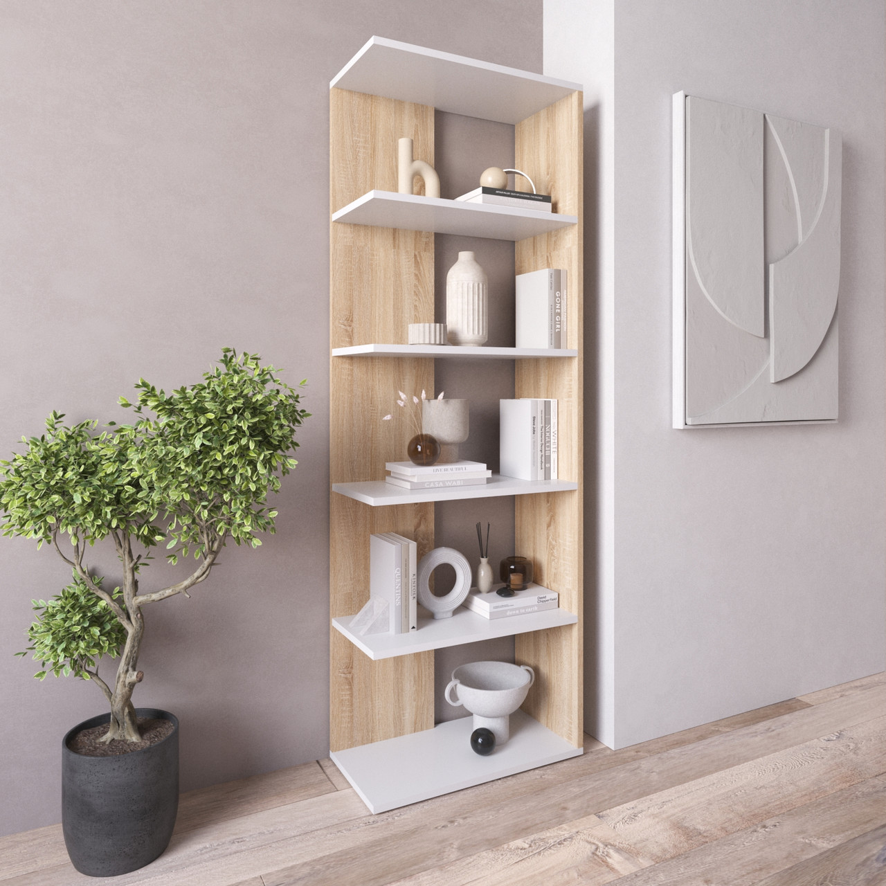 Стелаж для книг на 5 полиць колір Дуб сонома з білими полицями h178х60х30 см, фото 1