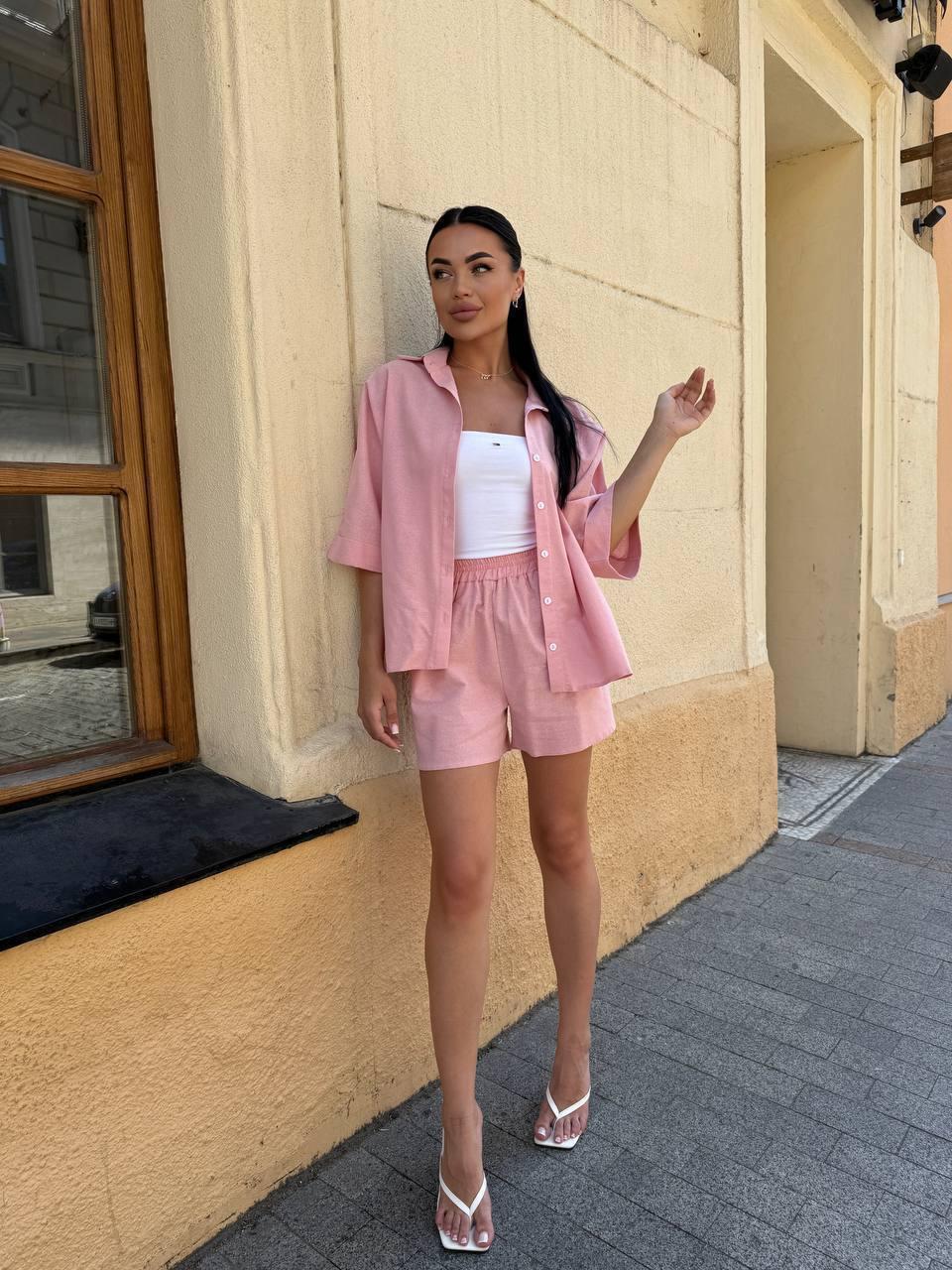 Жіночий літній лляний костюм рубашка + шорти S–  L пудра, фото 1