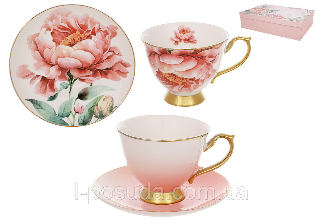 Чайний фарфоровий набір Pink Peony: 6 чашок 200мл, 6 блюдець, колір - білий з рожевим та золотом, фото 1