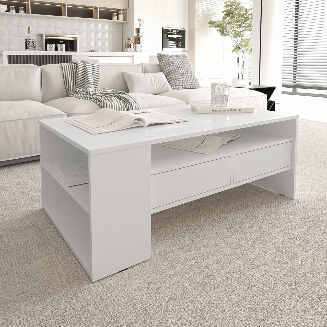 Широкий дизайнерський журнальний стіл із полицями 112 см, елегантний кавовий столик із 2 висувними ящиками, фото 1