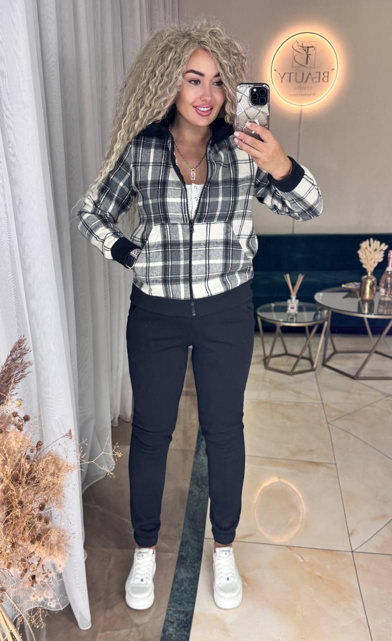 Стильний жіночий осінній базовий прогулянковий костюм комплект штани кофта в клітку на блискавці шерсть + триніт, фото 1