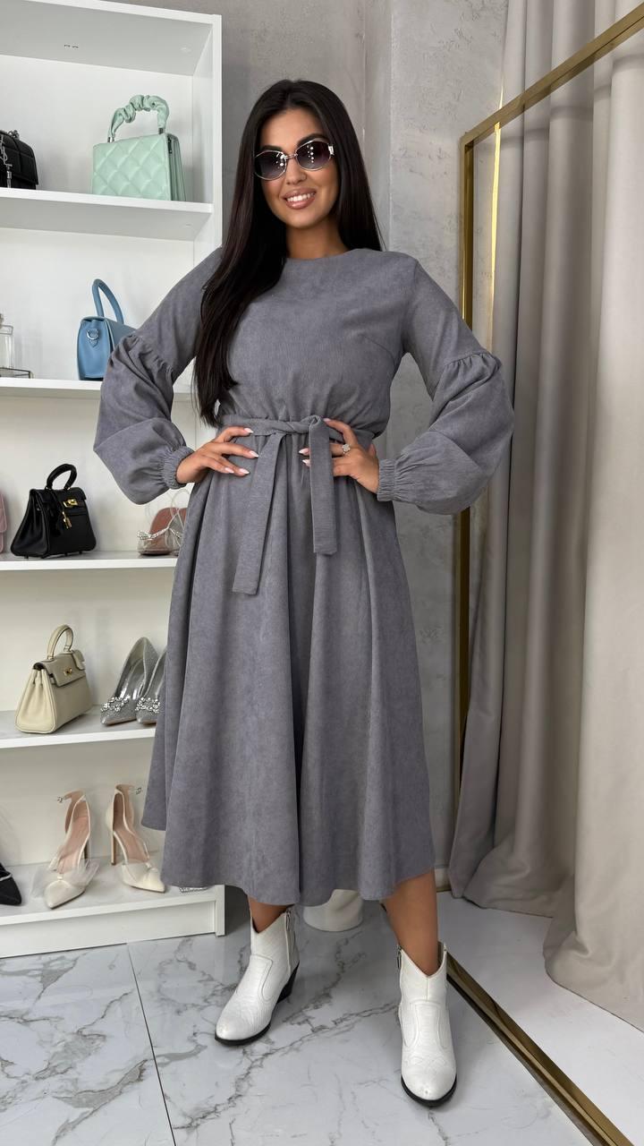 Жіноче вельветове плаття міді у великих розмірах із розкльошеною спідницею під пояс (р. 42-56) 2036100, фото 1