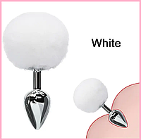 Анальна пробка з Білим хутром 7 см, Втулка з хвостиком кролика, Стимулятор анусу, Інтимні іграшки