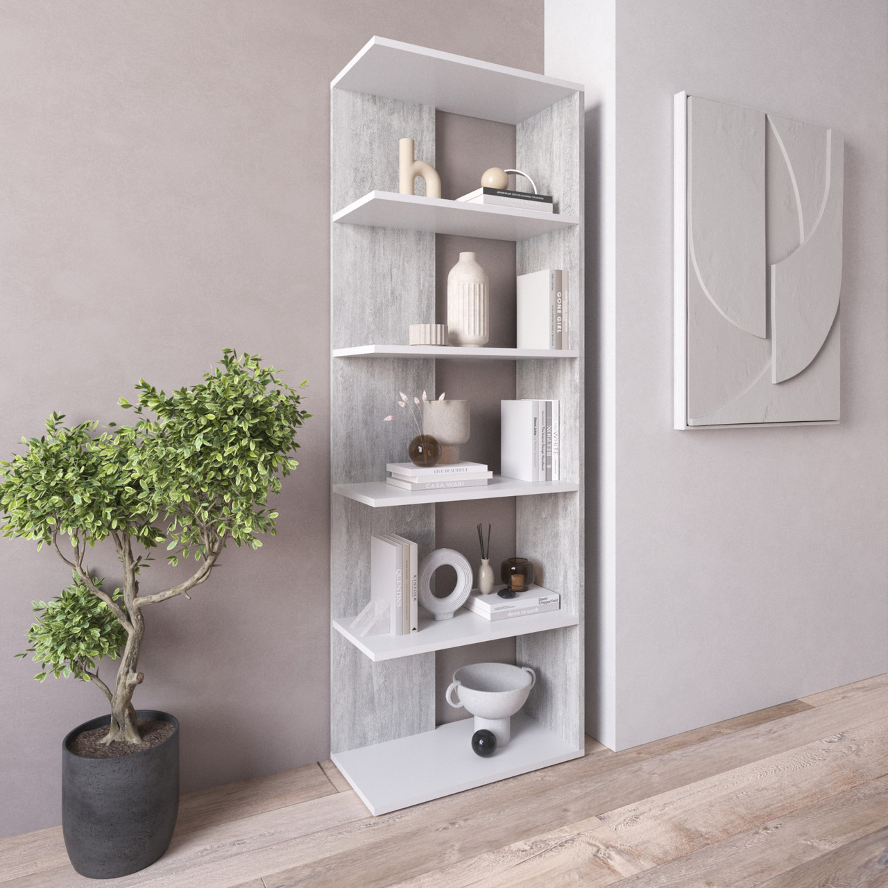 Стелаж-полиця для книг на 5 полиць колір бетон з білими полицями h178х60х30 см, фото 1