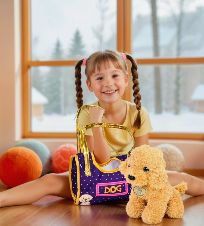 Реалістична м’яка іграшка собачка в сумочці Плюшеве щеня в переносці ігровий набір з твариною для дитини, фото 1