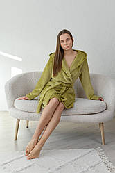 Жіночий махровий теплий халат з капюшоном N.EL. однотонний Оливковий