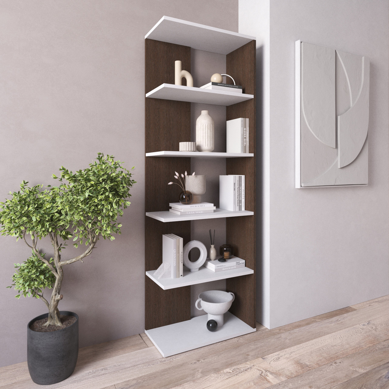 Стелаж-полиця для книг на 5 полиць колір венге з білими полицями h178х60х30 см, фото 1