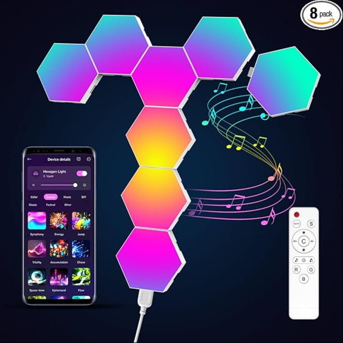 Набір LED світильників Hexagon, 8 панелей, керування через додаток та пульт, синхронізація з музикою, фото 1