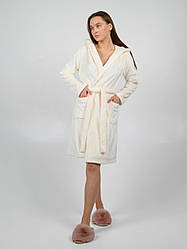 Жіночий махровий теплий халат з капюшоном N.EL. однотонний молочний