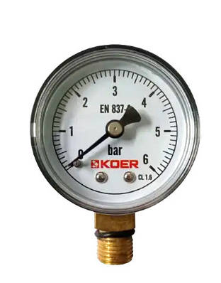 Манометр для води 0-6 бар, 1/4", діаметр 50 мм, прилад для вимірювання тиску води у водопроводі, Koer