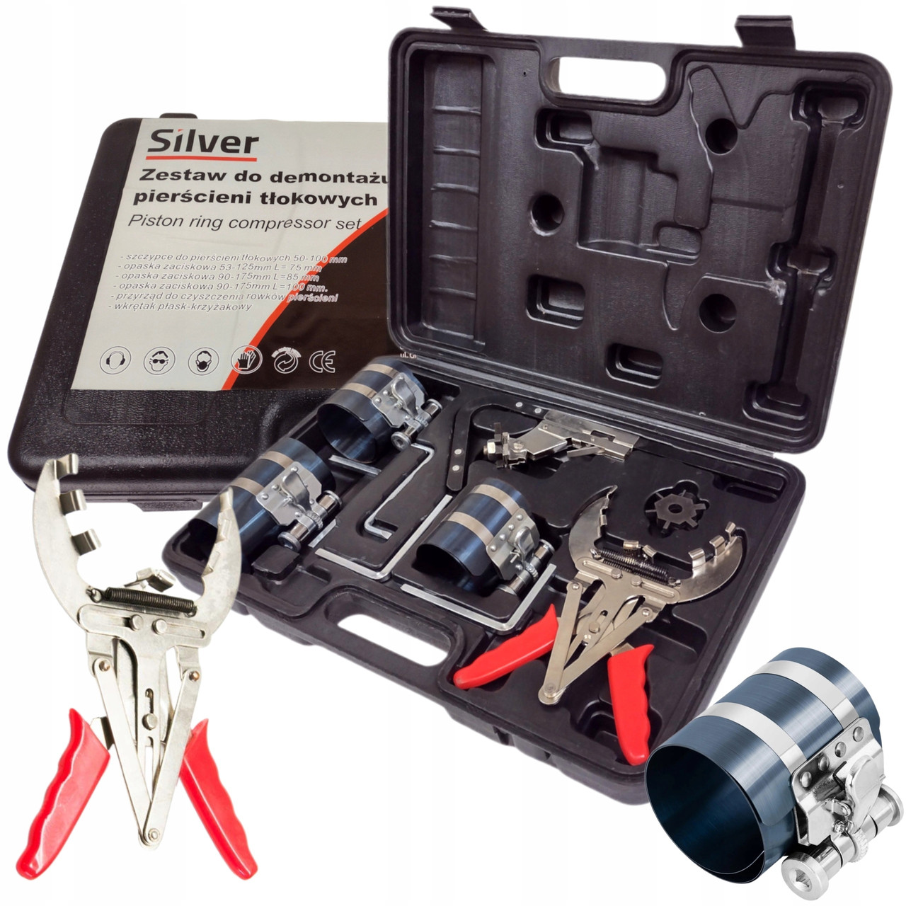 Комплект для зняття та встановлення поршневих кілець (клещі 50-100 мм) Silver S10979, фото 1