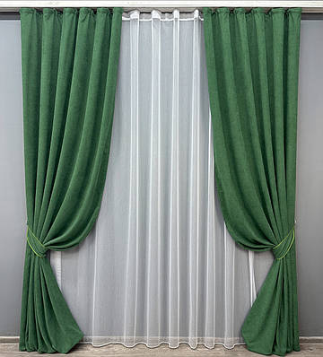 Комплект (2шт 1x2,7м + 3х2,7м) штор мікровелюр "Petek" з тюлем, колір зелений з білим (1709ш-1153т) 71-032/1